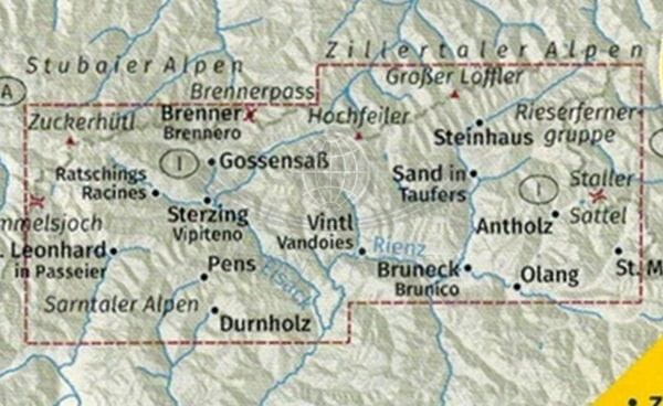 Południowy Tyrol. Górna Adyga. Zestaw czterech map rowerowych 3420 wydawnictwa Kompass. Mapa 1 - zasięg