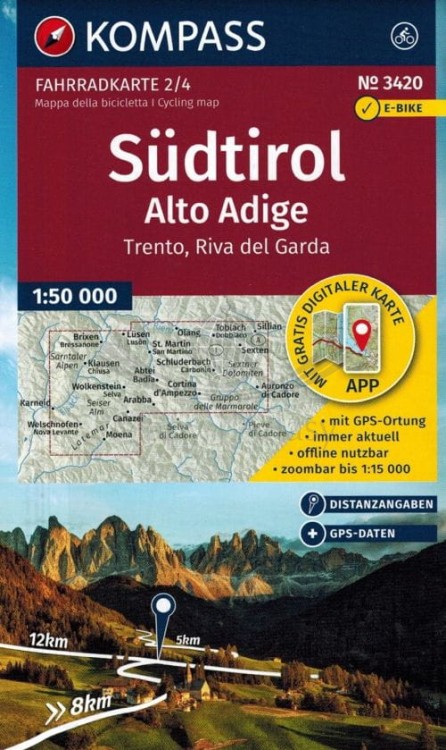 Południowy Tyrol. Górna Adyga. Zestaw czterech map rowerowych 3420 wydawnictwa Kompass. Mapa 2 - okładka