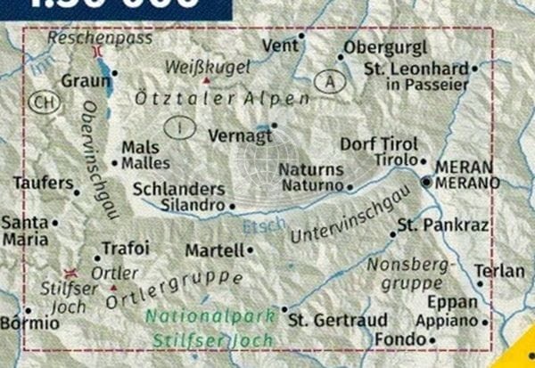 Południowy Tyrol. Górna Adyga. Zestaw czterech map rowerowych 3420 wydawnictwa Kompass. Mapa 3 - zasięg