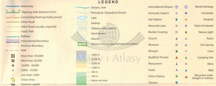 Mongolia 1:1 800 000. Wodoodporna mapa samochodowo-turystyczna wydawnictwa ITMB. Legenda
