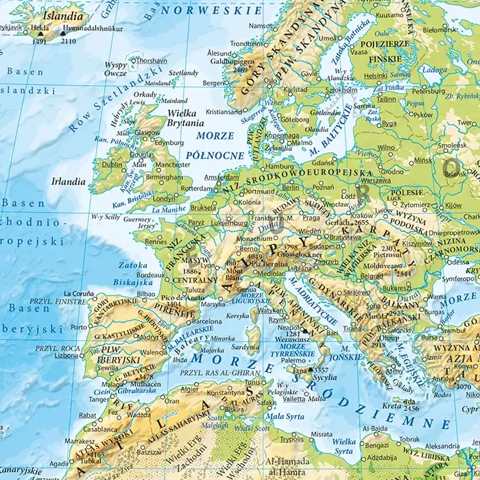 Świat 1:35 000 000. Dwustronna mapa ścienna. Polityczna i fizyczna. Strona fizyczna - fragment 2