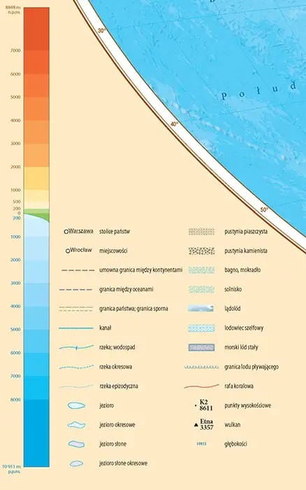 Świat 1:35 000 000. Dwustronna mapa ścienna. Polityczna i fizyczna. Strona fizyczna - legenda