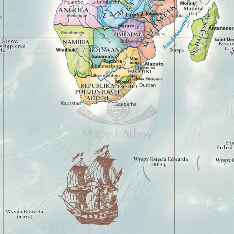 Świat 1:60 000 000. Mapa ścienna polityczna, stylizowana. Fragment 4