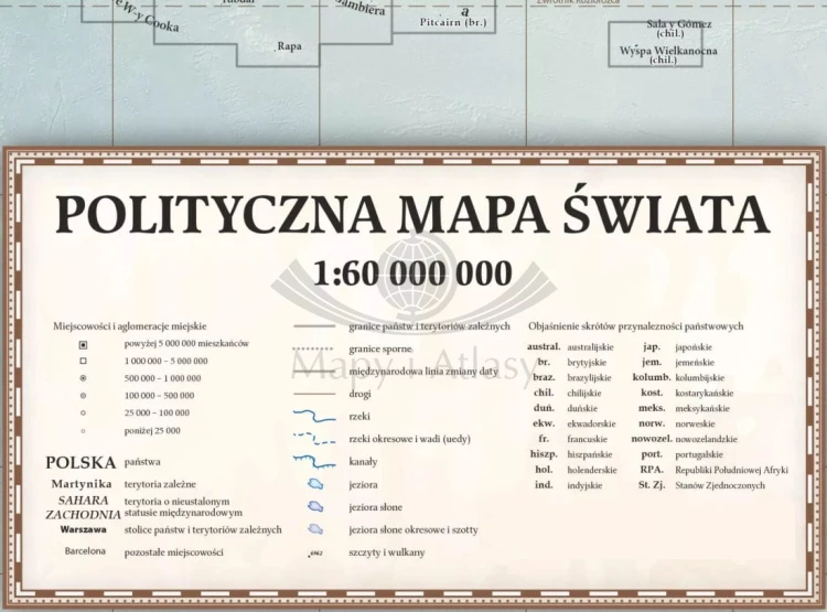 Świat 1:60 000 000. Mapa ścienna polityczna, stylizowana. Legenda