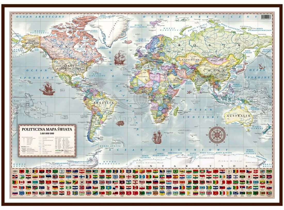 Świat 1:60 000 000. Mapa polityczna, stylizowana. Wersja do wpinania