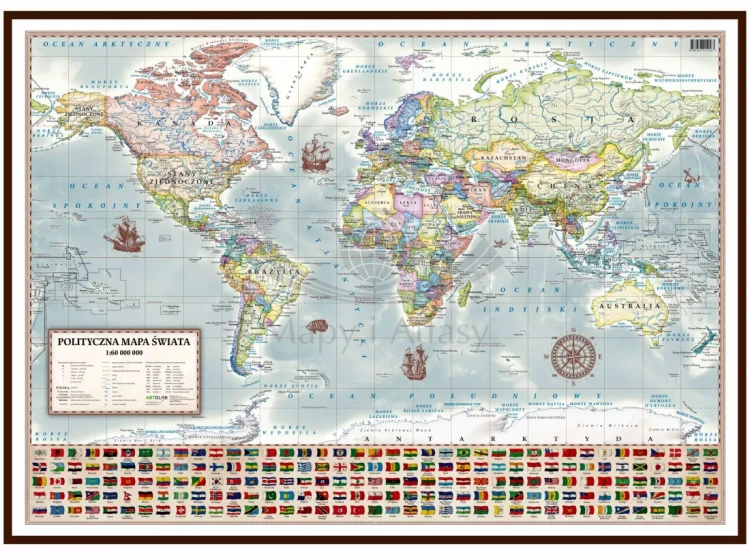 Świat 1:60 000 000. Mapa polityczna, stylizowana. Wersja do wpinania