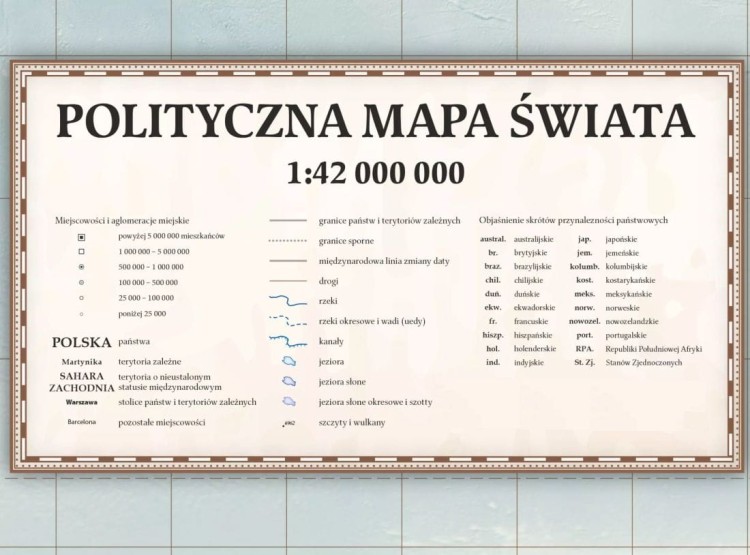 Świat 1:42 000 000. Mapa ścienna polityczna, stylizowana. Legenda