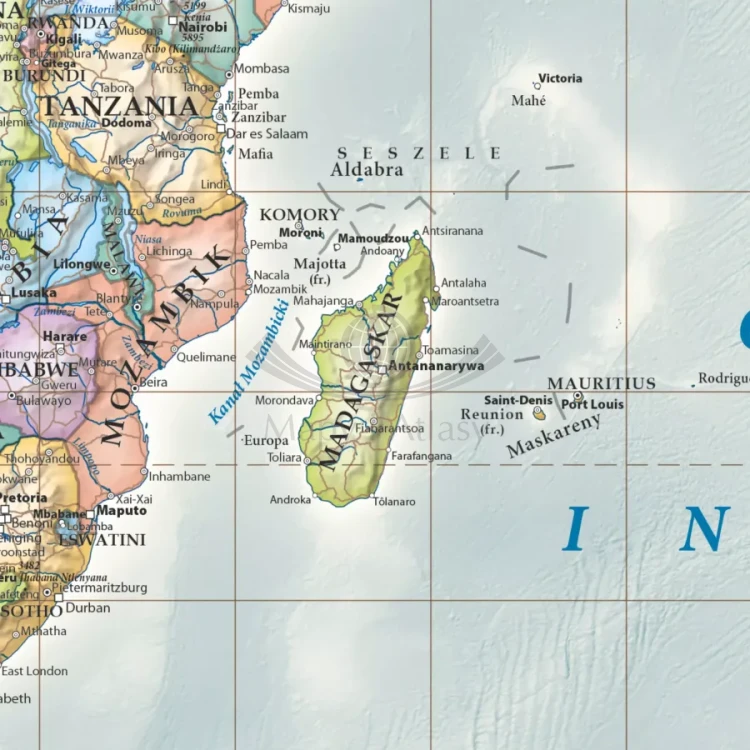 Świat 1:42 000 000. Mapa polityczna, stylizowana w ramie drewnianej. Fragment 2