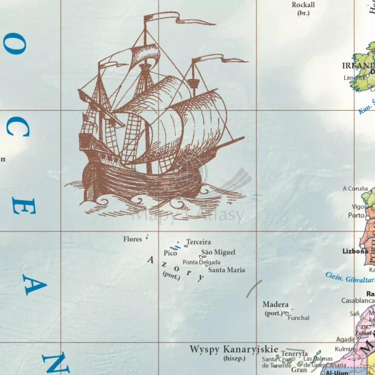 Świat 1:42 000 000. Mapa polityczna, stylizowana w ramie drewnianej. Fragment 5