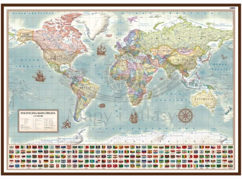 Świat 1:42 000 000. Mapa polityczna, stylizowana w ramie drewnianej