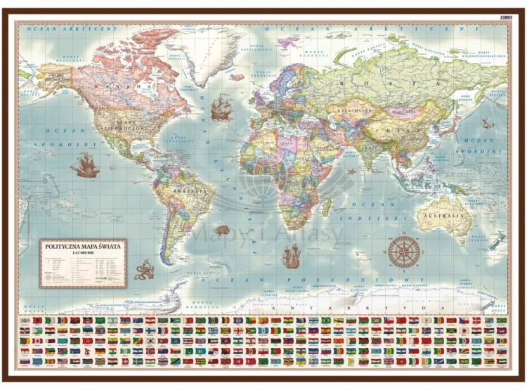 Świat 1:42 000 000. Mapa polityczna, stylizowana w ramie drewnianej