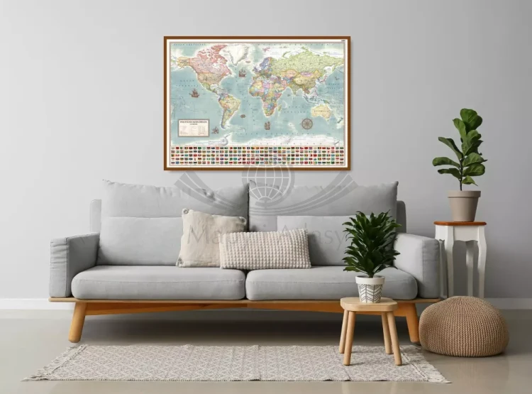 Świat 1:42 000 000. Mapa polityczna, stylizowana w ramie drewnianej. Przykład aranżacji