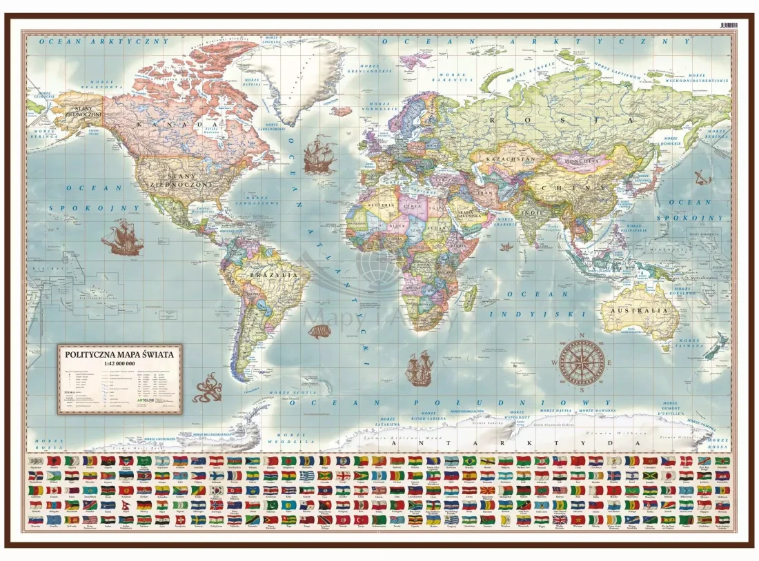 Świat 1:42 000 000. Mapa polityczna, stylizowana. Wersja do wpinania