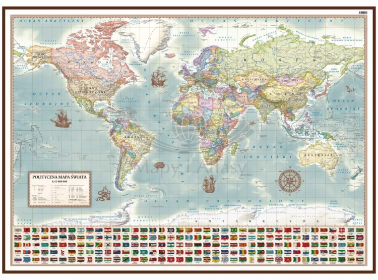 Świat 1:42 000 000. Mapa polityczna, stylizowana. Wersja do wpinania