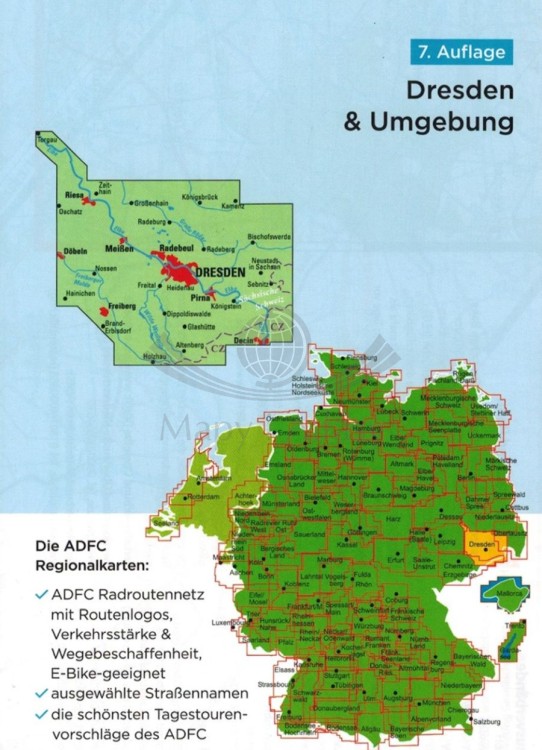 Drezno i okolice 1:75 000. Wodoodporna mapa rowerowa wydawnictwa ADFC. Zasięg