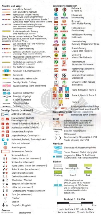 Drezno i okolice 1:75 000. Wodoodporna mapa rowerowa wydawnictwa ADFC. Legenda
