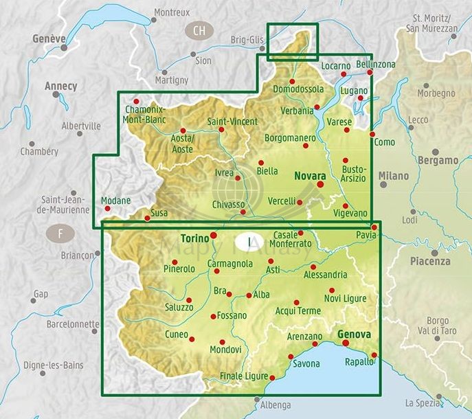 Piemont, Turyn, Genua, Dolina Aosty. Mapa samochodowo-turystyczna wydawnictwa Freytag & Berndt. Zasięg