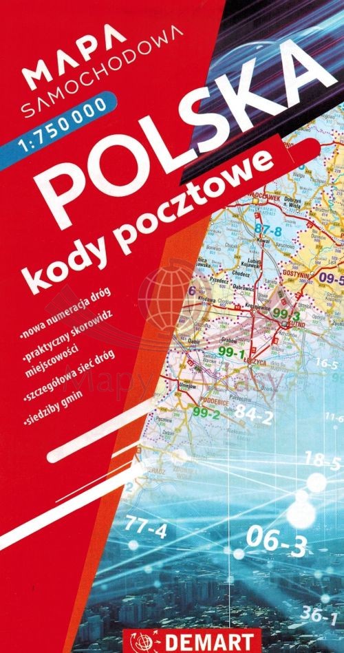 Polska 1:750 000. Mapa samochodowa. Kody pocztowe. Wyd. 2026. Demart