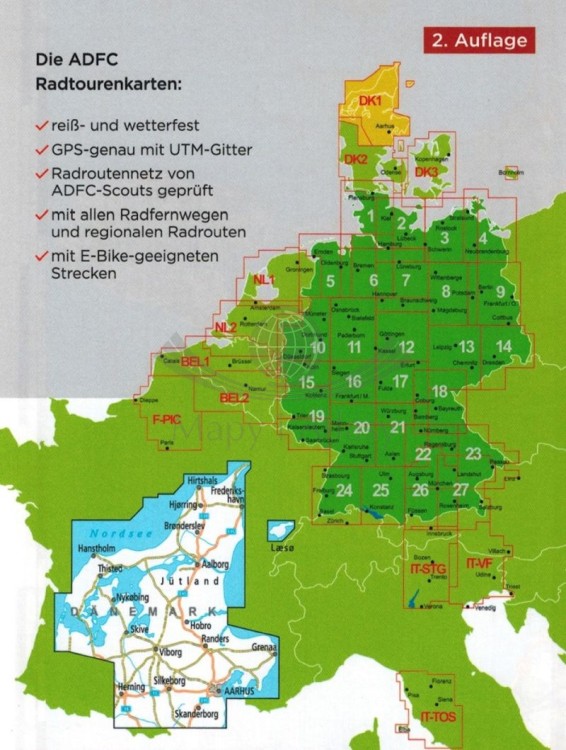 Dania. Półwysep Jutlandzki - część północna. Wodoodporna mapa rowerowa wydawnictwa ADFC. Zasięg