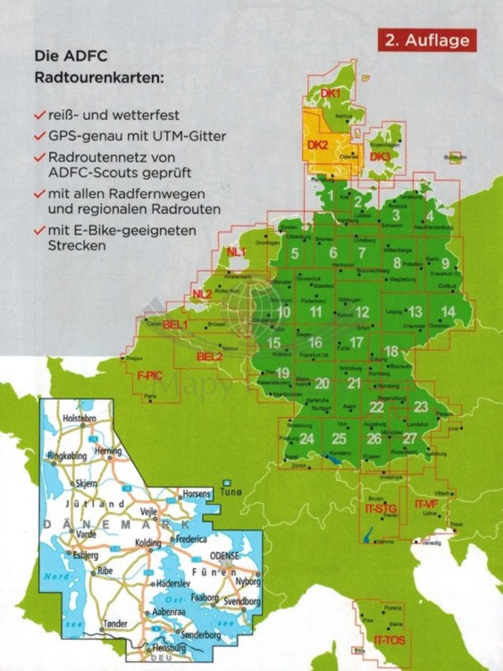 Dania. Półwysep Jutlandzki - część południowa. Wodoodporna mapa rowerowa wydawnictwa ADFC. Zasięg