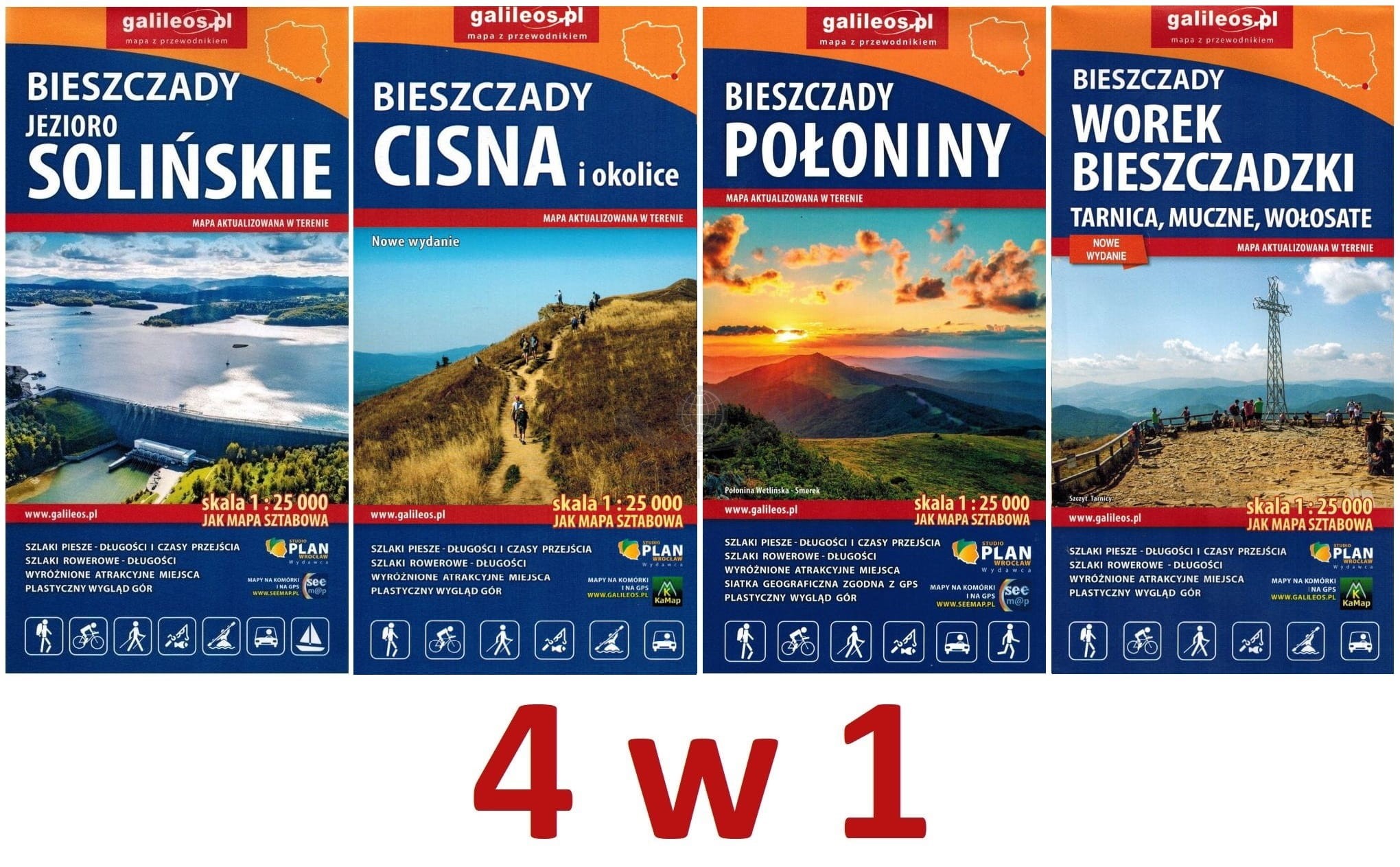Bieszczady 1:25 000. Zestaw: 4 x mapa turystyczna. Galileos