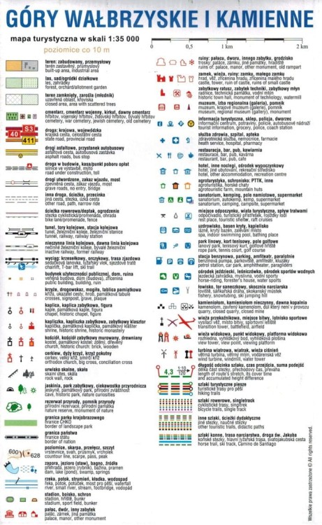 Góry Wałbrzyskie i Kamienne 1:35 000. Laminowana mapa turystyczna wydawnictwa Compass. Legenda