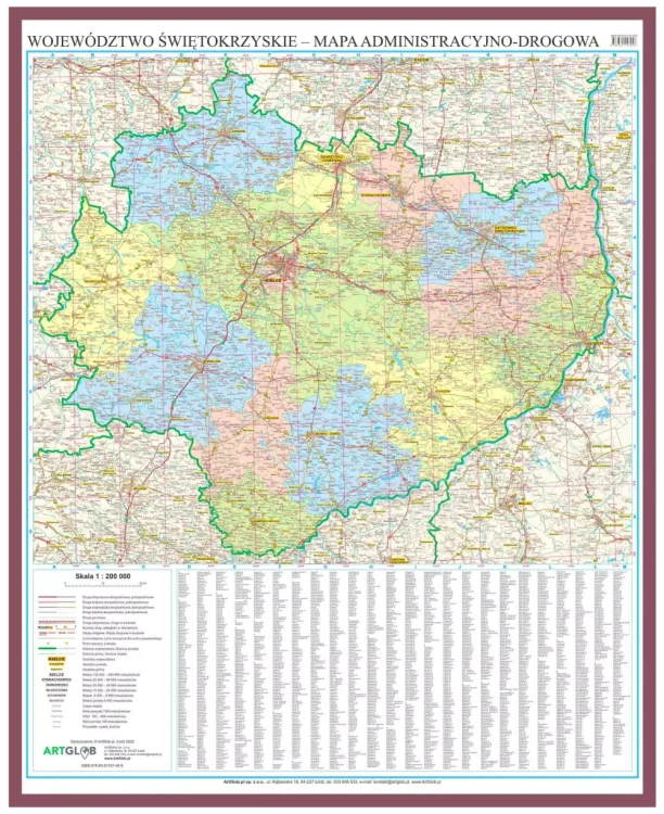Województwo świętokrzyskie. Mapa administracyjno-drogowa w ramie drewnianej