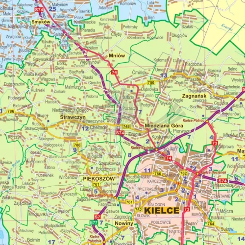 Województwo świętokrzyskie. Mapa administracyjno-drogowa. Wersja do wpinania. Fragment 1
