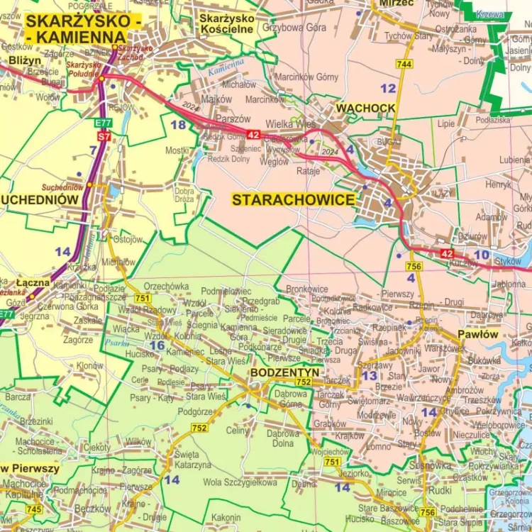 Województwo świętokrzyskie. Mapa administracyjno-drogowa. Wersja do wpinania. Fragment 3