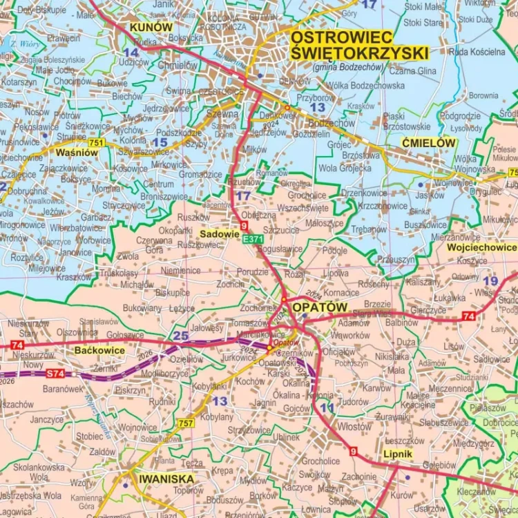 Województwo świętokrzyskie. Arkusz, mapa ścienna administracyjno-drogowa. Fragment 2