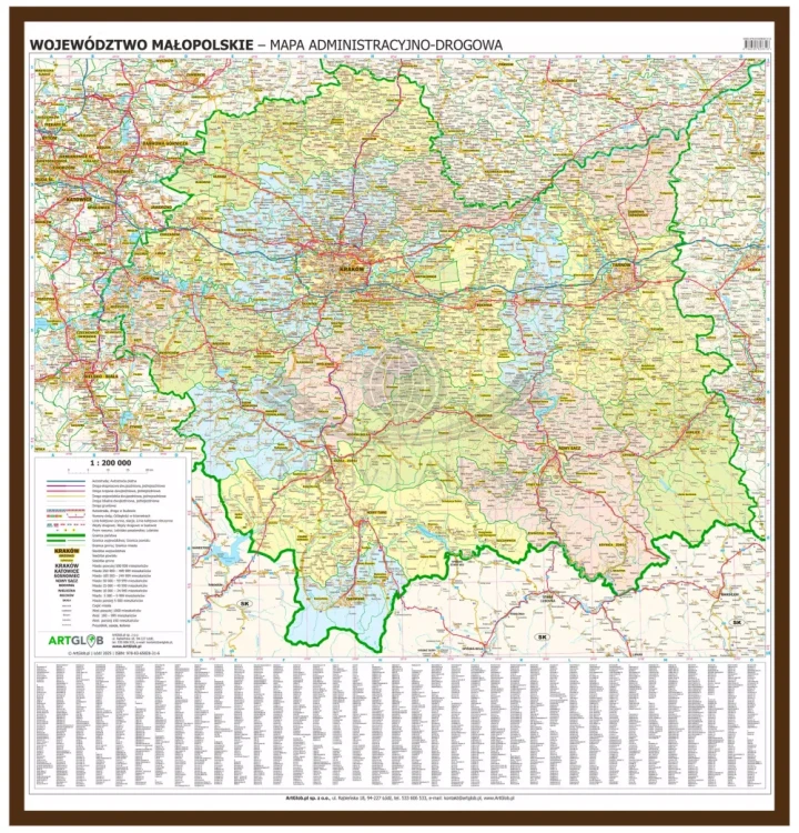 Województwo małopolskie. Mapa administracyjno-drogowa w ramie drewnianej