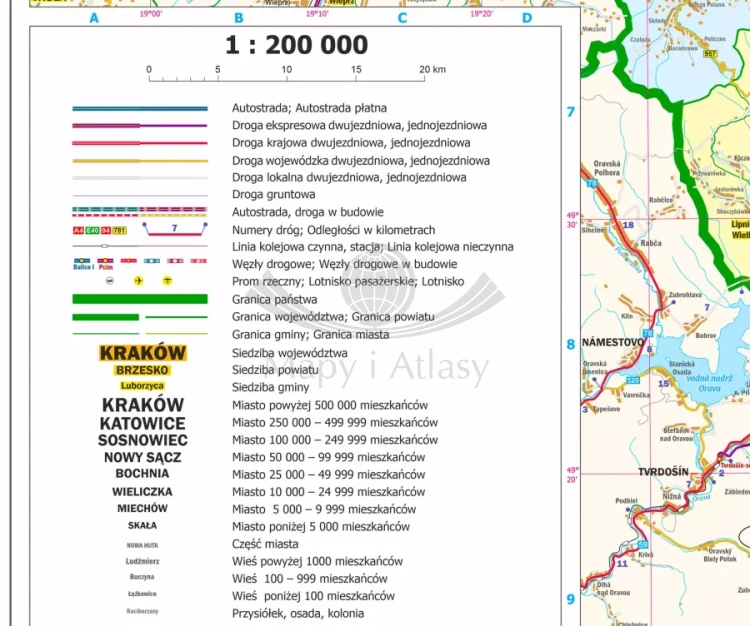 Województwo małopolskie. Mapa administracyjno-drogowa w ramie drewnianej. Legenda