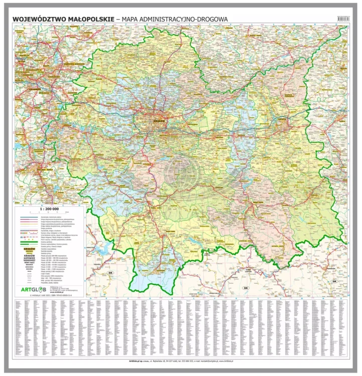 Województwo małopolskie. Mapa administracyjno-drogowa. Wersja do wpinania