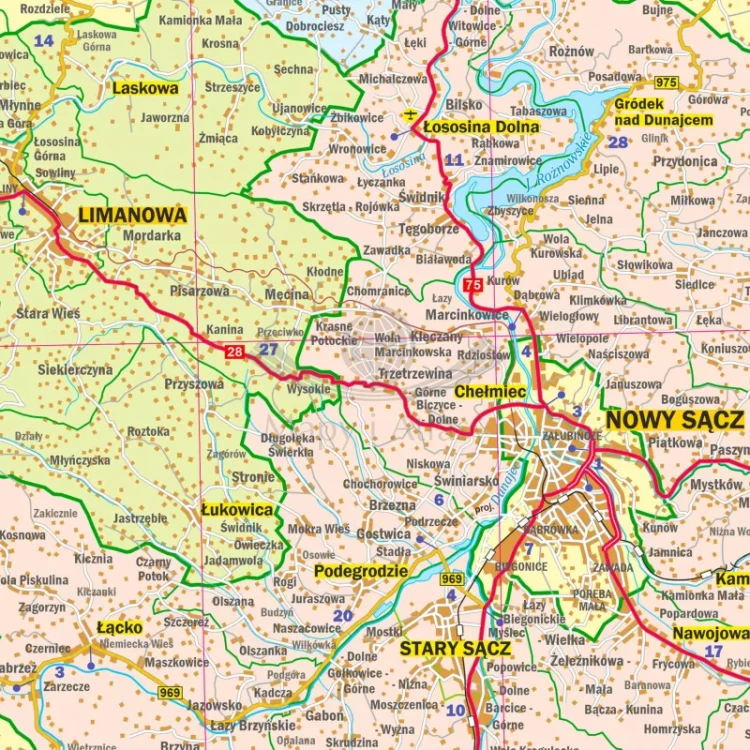 Województwo małopolskie. Mapa administracyjno-drogowa. Wersja do wpinania. Fragment 3