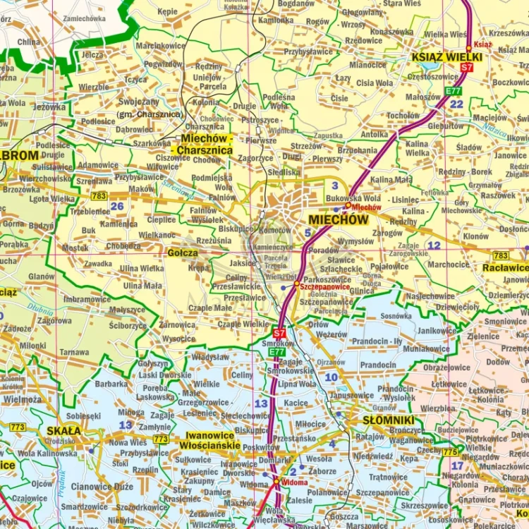 Województwo małopolskie. Mapa administracyjno-drogowa. Wersja do wpinania. Fragment 5