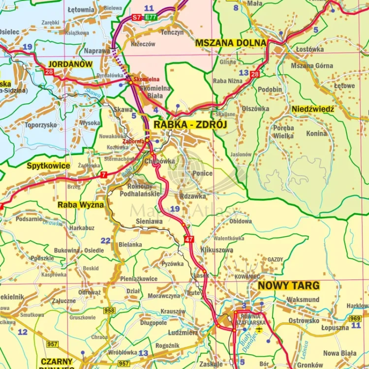 Województwo małopolskie. Mapa administracyjno-drogowa. Wersja do wpinania. Fragment 7