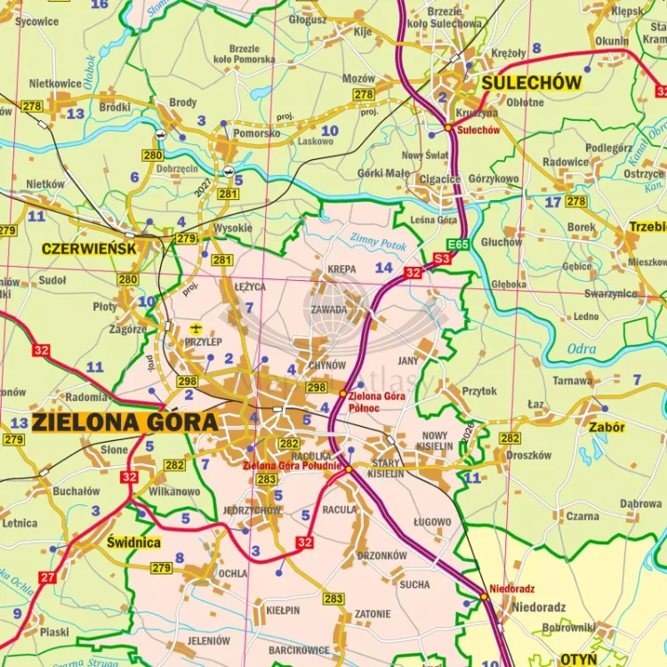 Województwo lubuskie. Mapa administracyjno-drogowa w ramie drewnianej. Fragment 2