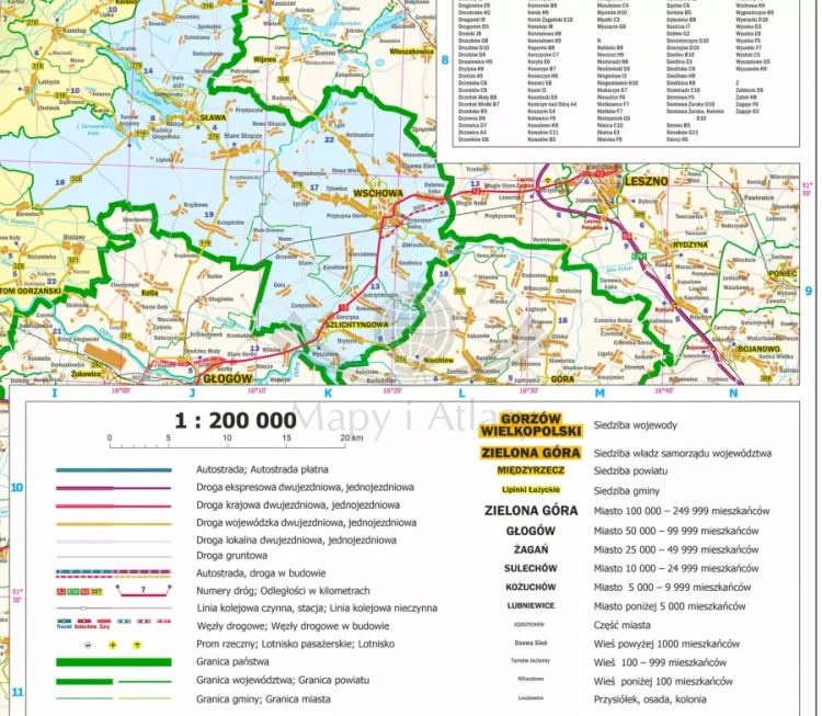 Województwo lubuskie. Mapa administracyjno-drogowa w ramie drewnianej. Legenda