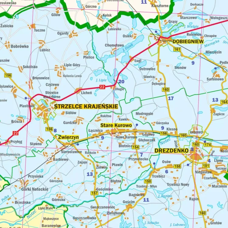 Województwo lubuskie. Mapa administracyjno-drogowa. Wersja do wpinania. Fragment 1