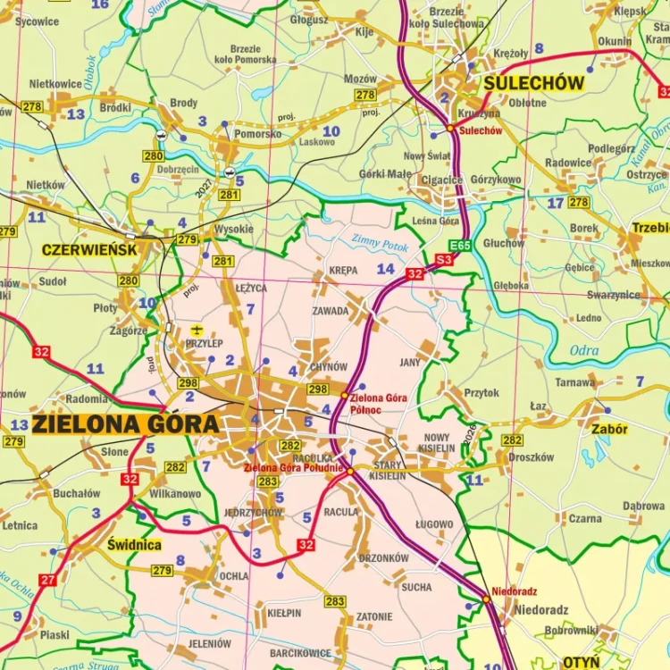 Województwo lubuskie. Mapa administracyjno-drogowa. Wersja do wpinania. Fragment 2