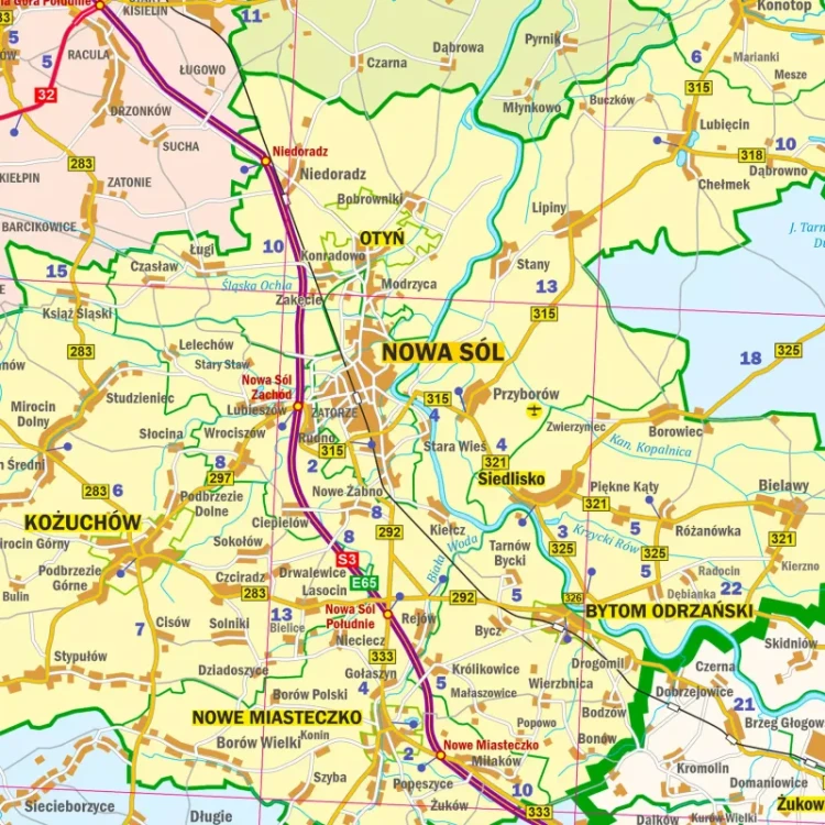 Województwo lubuskie. Mapa administracyjno-drogowa. Wersja do wpinania. Fragment 3