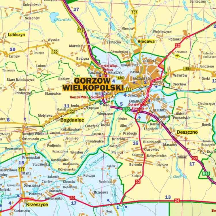 Województwo lubuskie. Mapa administracyjno-drogowa. Wersja do wpinania. Fragment 5