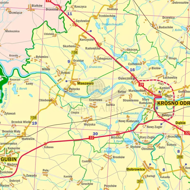 Województwo lubuskie. Arkusz, mapa ścienna administracyjno-drogowa. Fragment 6