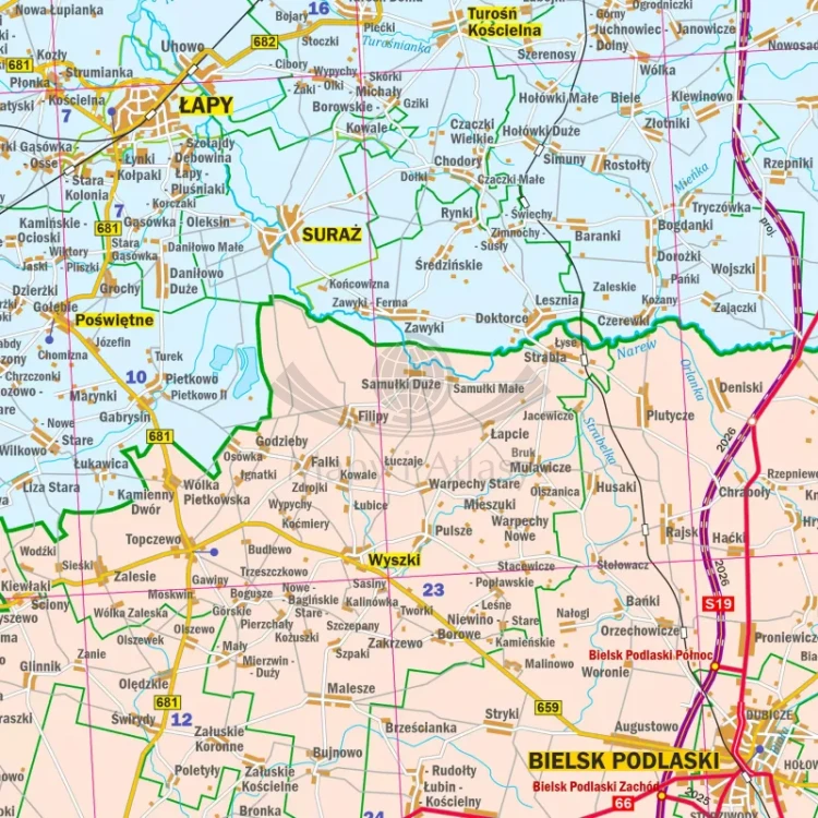 Województwo podlaskie. Mapa administracyjno-drogowa w ramie drewnianej. Fragment 4