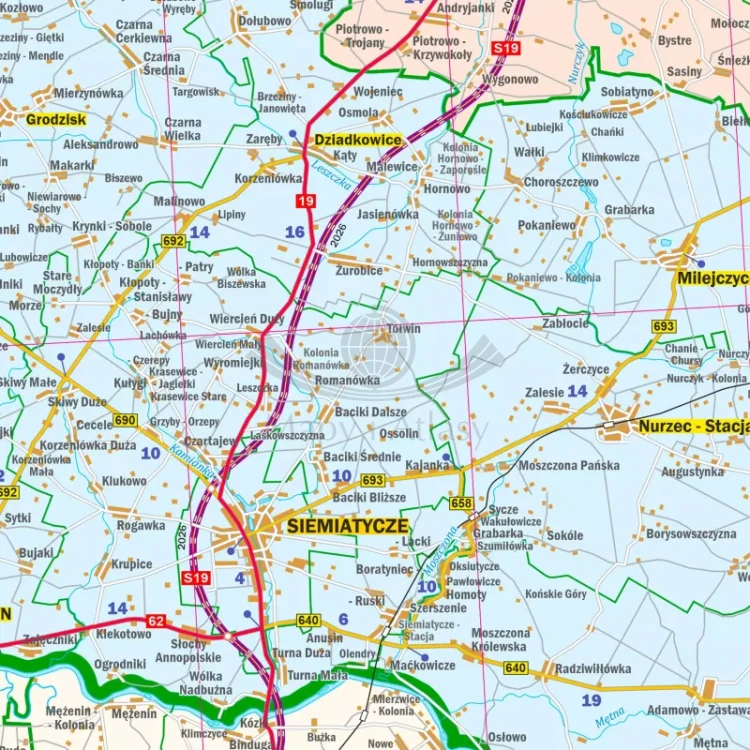 Województwo podlaskie. Mapa administracyjno-drogowa. Wersja do wpinania. Fragment 3