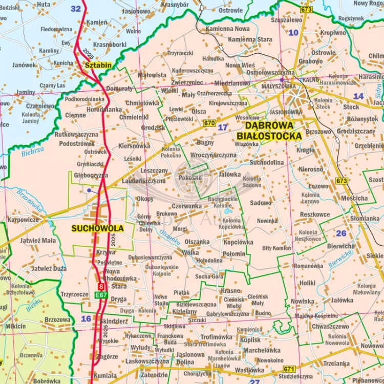 Województwo podlaskie. Arkusz, mapa ścienna administracyjno-drogowa. Fragment 6