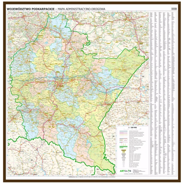 Województwo podkarpackie. Mapa administracyjno-drogowa w ramie drewnianej