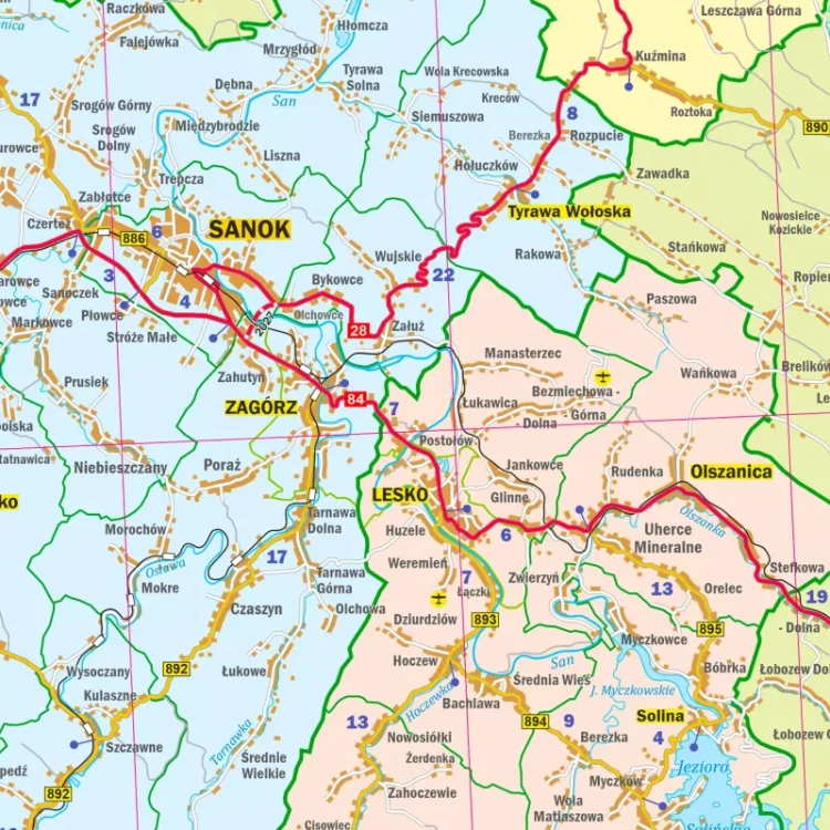 Województwo podkarpackie. Mapa administracyjno-drogowa w ramie drewnianej. Fragment 1