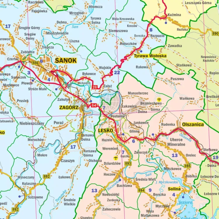 Województwo podkarpackie. Mapa administracyjno-drogowa. Wersja do wpinania. Fragment 1