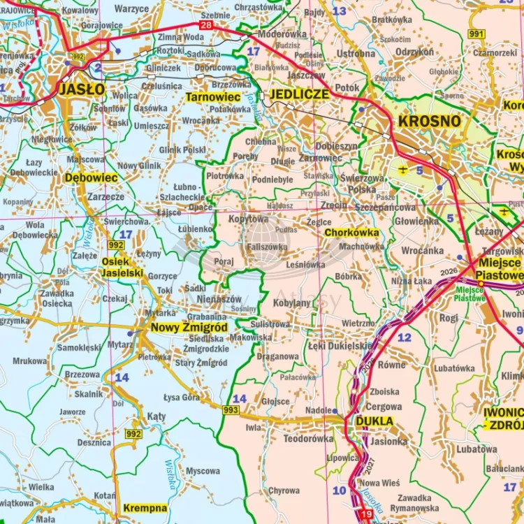 Województwo podkarpackie. Mapa administracyjno-drogowa. Wersja do wpinania. Fragment 3